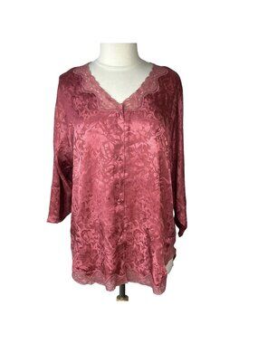 Adonna Sleep Pajama Top Silky Lace Medium Pink Button Front
